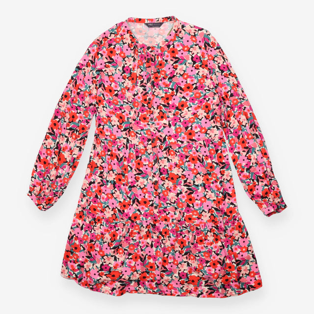 Midi Dress Pink Red Floral Print Button Front Tier