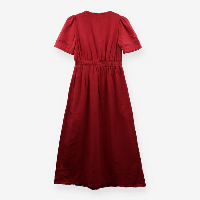 Bobble Trim Double Cloth Midi Dress Red Cotton UK1