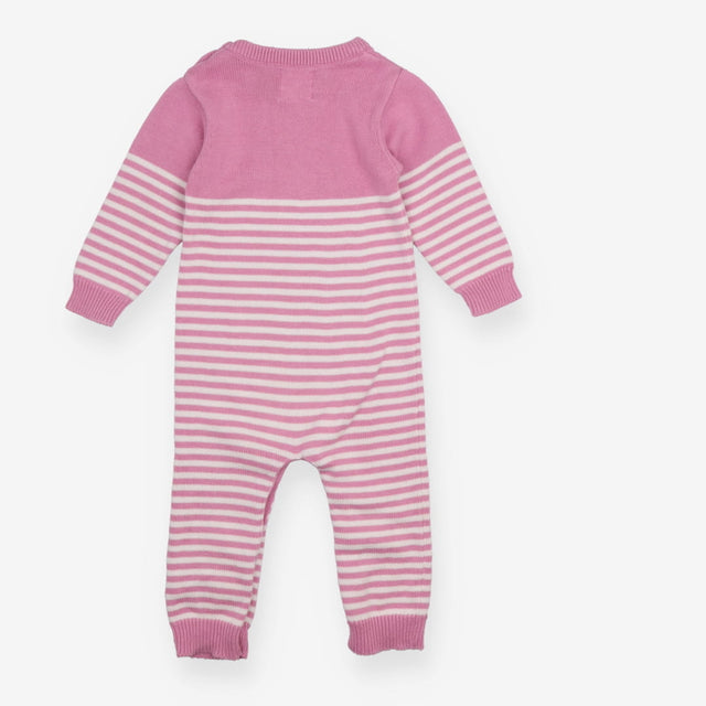 Romper pink knit striped heart wooden buttons