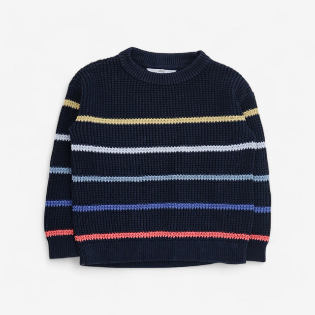 Navy knit crew neck jumper with multi coloured str