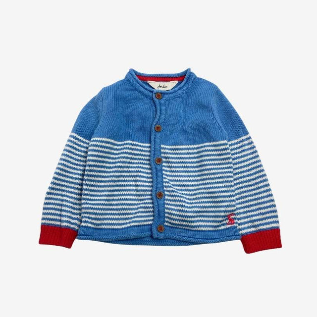 Blue Stripe Cardigan with red Cuffs