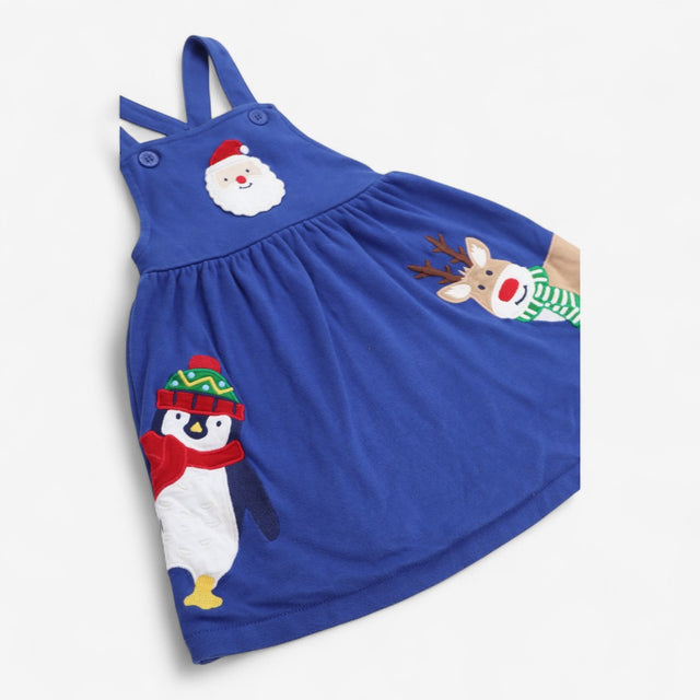 Dress Blue Pinafore with Applique Santa Penguin an