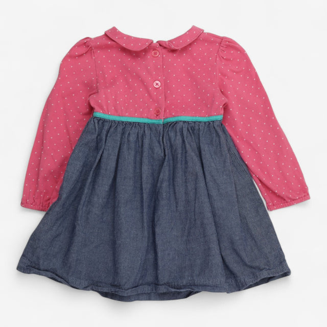 Pink Spotted Dress with Denim Skirt