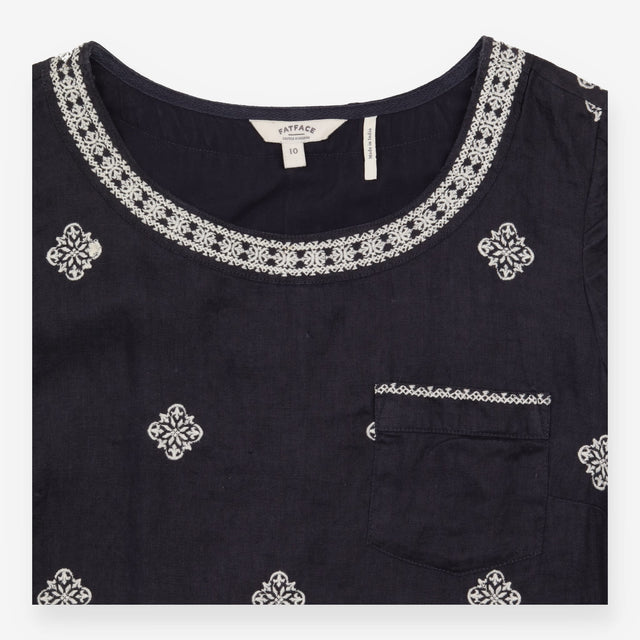Linen Tunic Dress in Black with Cream Embroidery