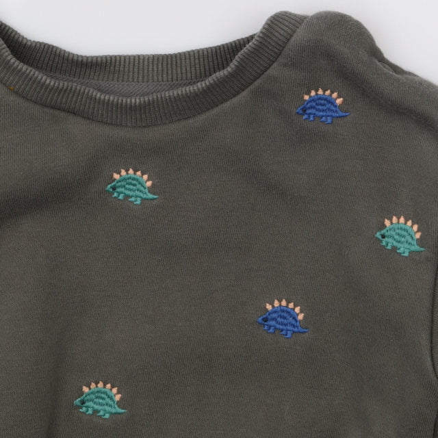 Khaki sweater embroidered dinosaurs