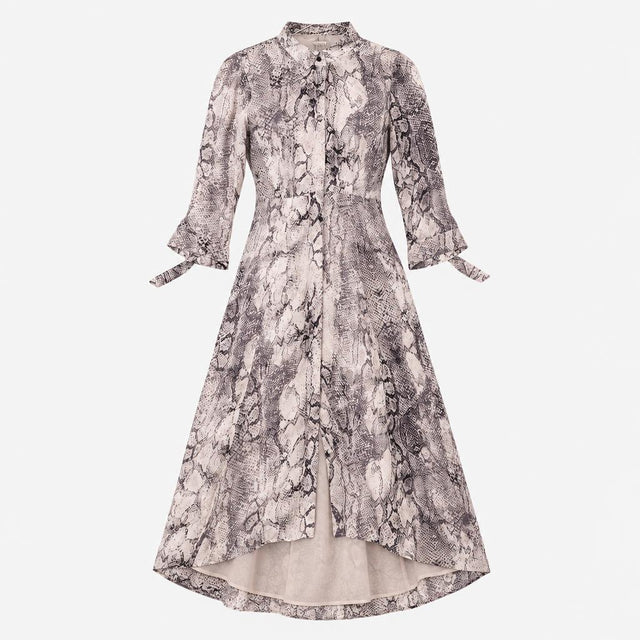 Grey Ivory Snake Print Tie Cuff Midi Shirt Dress