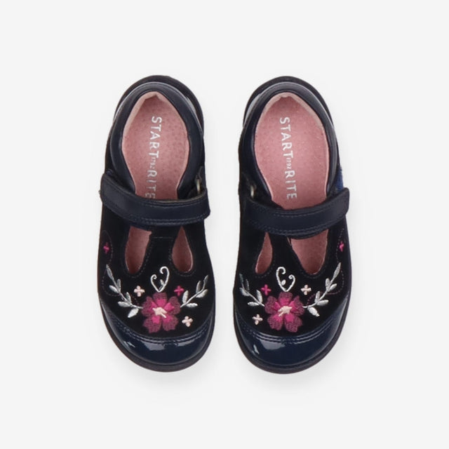 T Bar shoes navy blue flowers suede patent toe