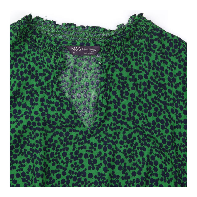 Blouse Green Animal Print Shirred Waist Long Sleev