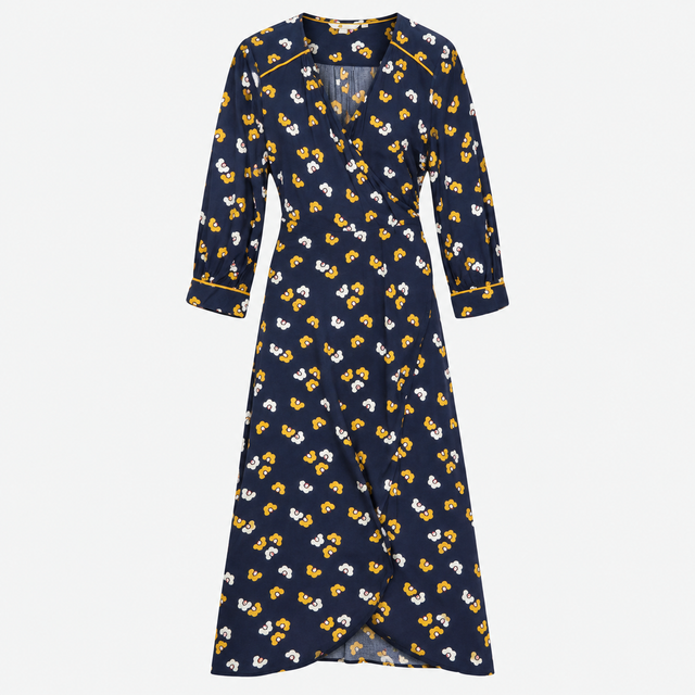 Floral Print V-Neck Wrap Long Sleeve Woven Midi Dr