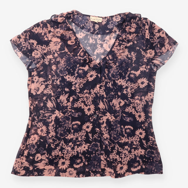 Floral Blouse Black Blush Draped Neck Short Sleeve