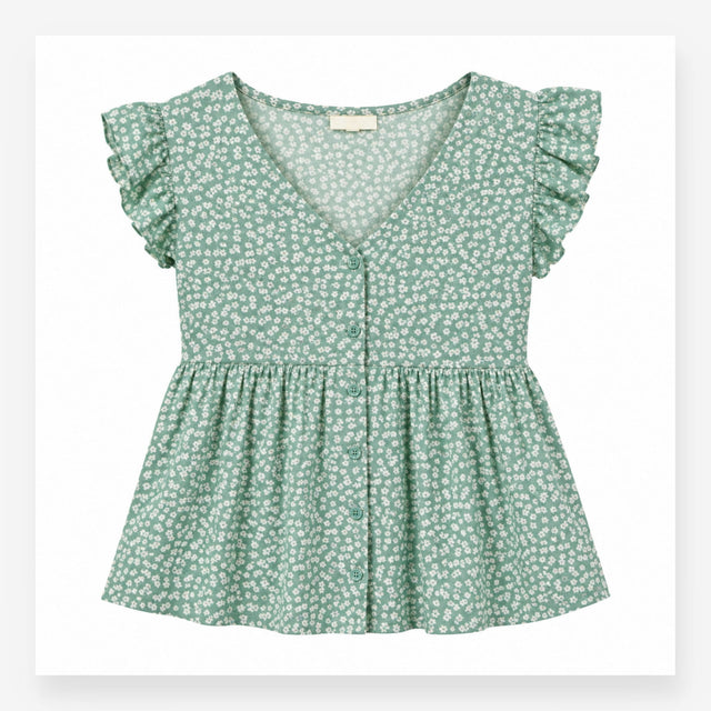 Blouse Short Sleeve Button Front Floral Green Whit