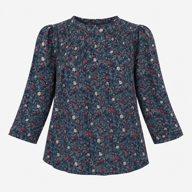 Top Navy Paisley Print Shirred Yoke Viscose