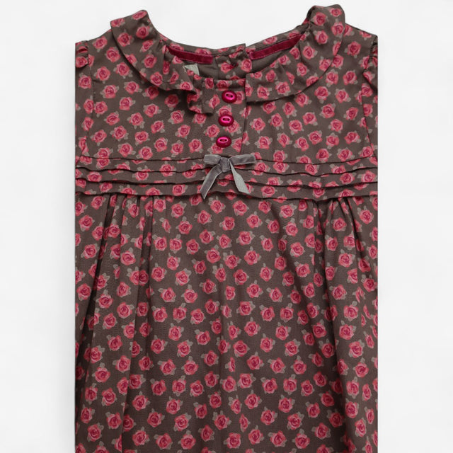 Blouse Woven Brown with Pink Roses and Buttons