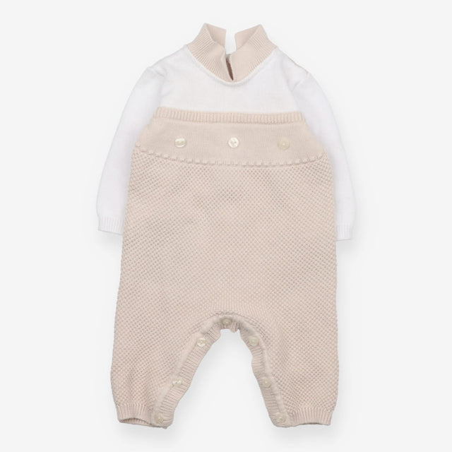 Collared Knit Romper White and Beige