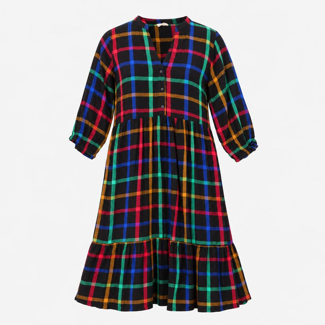Check Tiered Midi Dress Black Collarless Multicolo