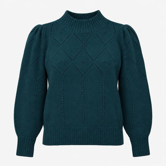 Jumper Teal Green Diamond Pointelle Funnel Neck Lo