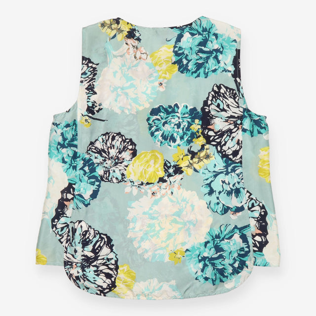 Shell Top Aquatic Floral Silk Sleeveless Button Pl