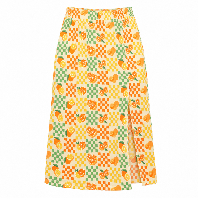 Midi Skirt Orange Check Citrus Print