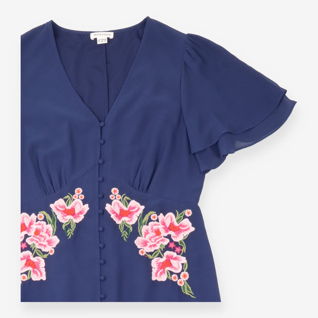 Navy Floral Embroidered Button-Front Midi Dress