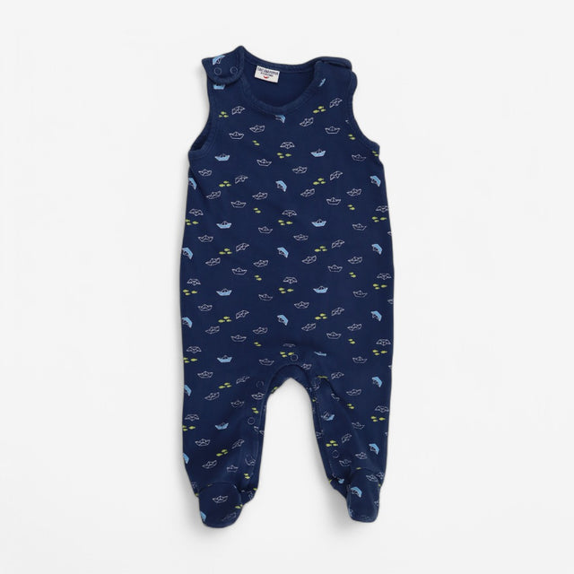 Navy paper boat print romper with feet
