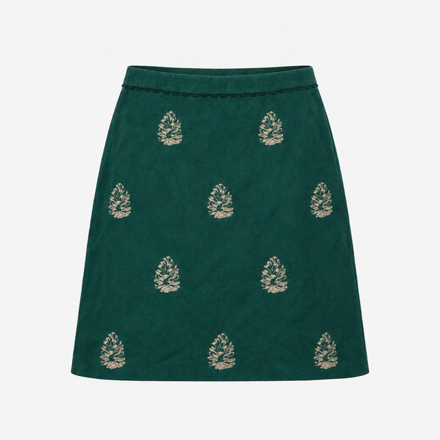 Dark Green Pinecone Embroidered Cotton A-Line Mini