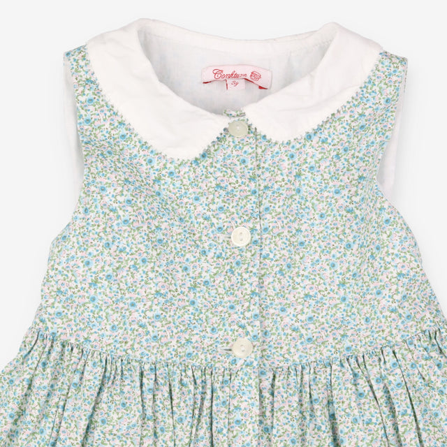 Dress Sleeveless White Collared Green and Blue Flo