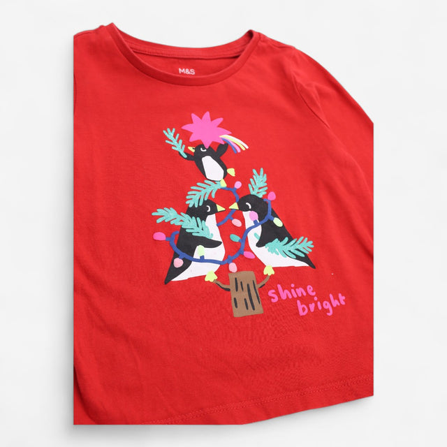 T-Shirt Red Long Sleeve Penguin Christmas Tree Shi