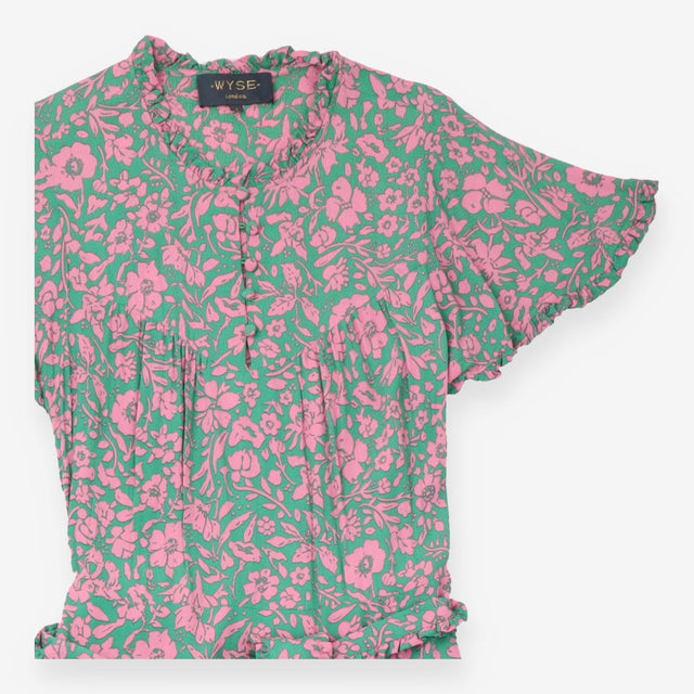 Green and Pink Flora Tiered Maxi Dress Belted