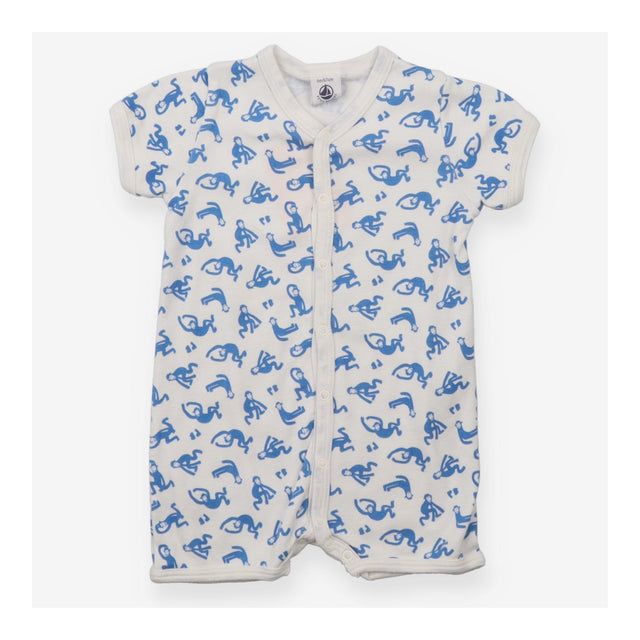 White shortie romper with blue monkeys