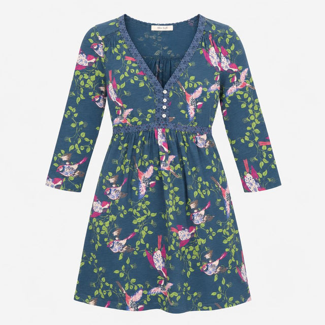 Dress Blue Bird and Leaf Print Long Sleeve Midi V-