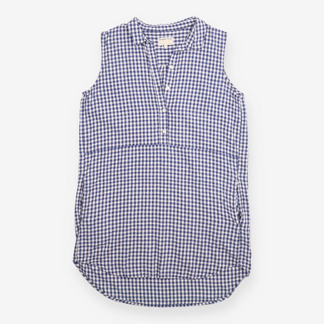 Blue Gingham Sleeveless Cotton Tunic with Pockets