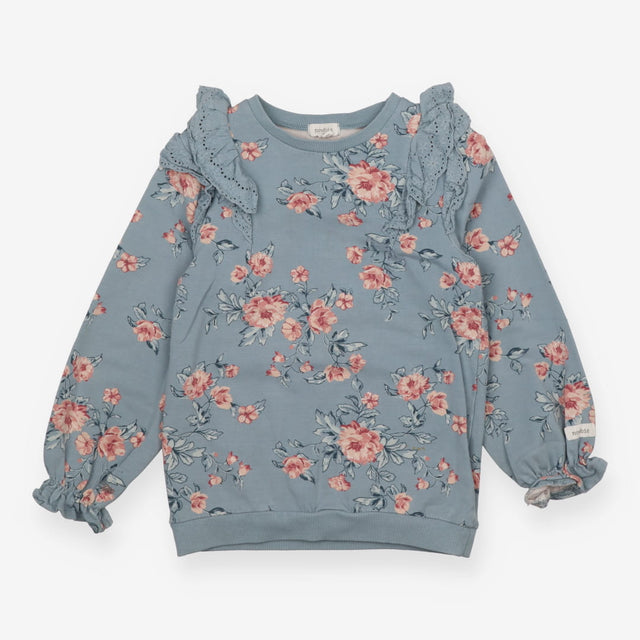 Sweater Frill Shoulders Blue with Pink Roses
