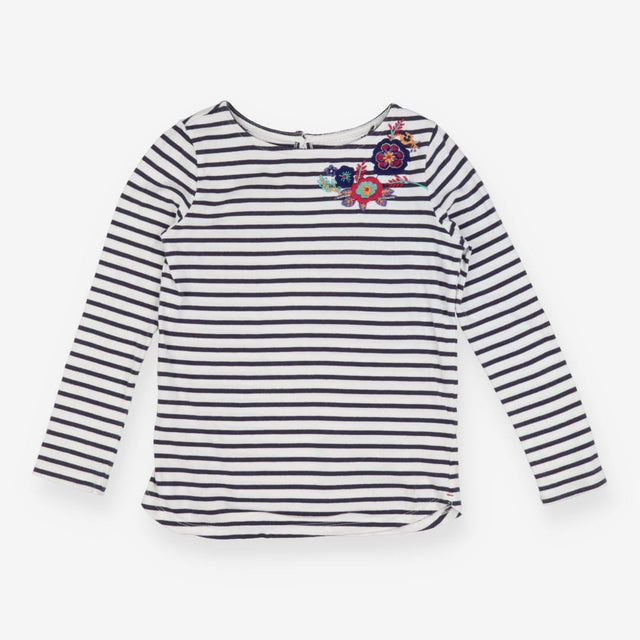 T-Shirt Long Sleeved Navy Stripe Flower Applique