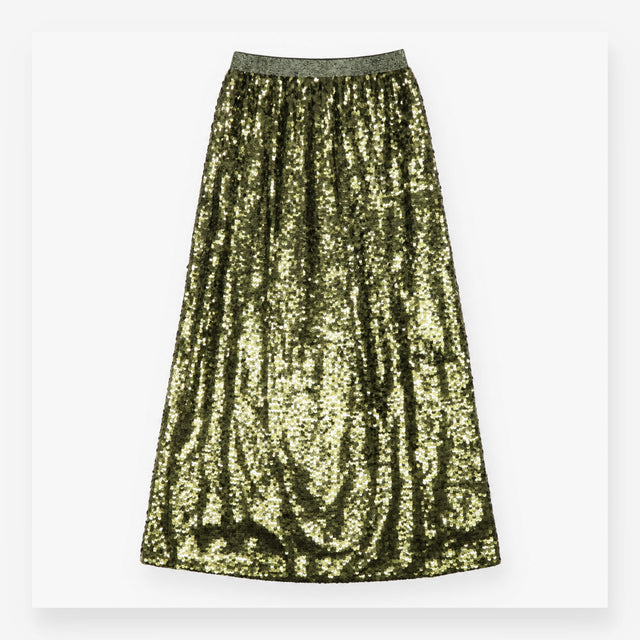 Midi Skirt Khaki Green All Over Sequins Metallic W