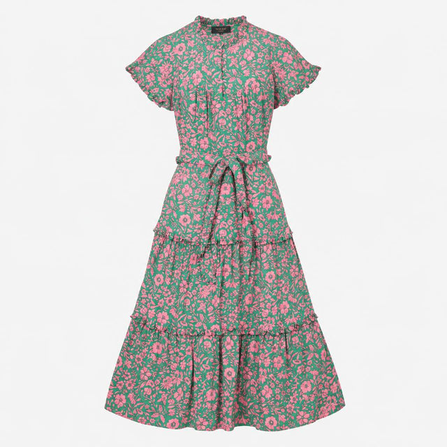 Green and Pink Flora Tiered Maxi Dress Belted