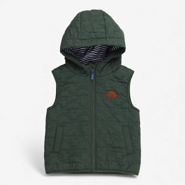 Green dinosaur gilet, stripe lined