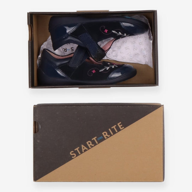 T Bar shoes navy blue flowers suede patent toe