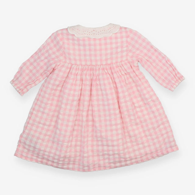 Pink Seersucker Gingham Dress Lace Trim Collar