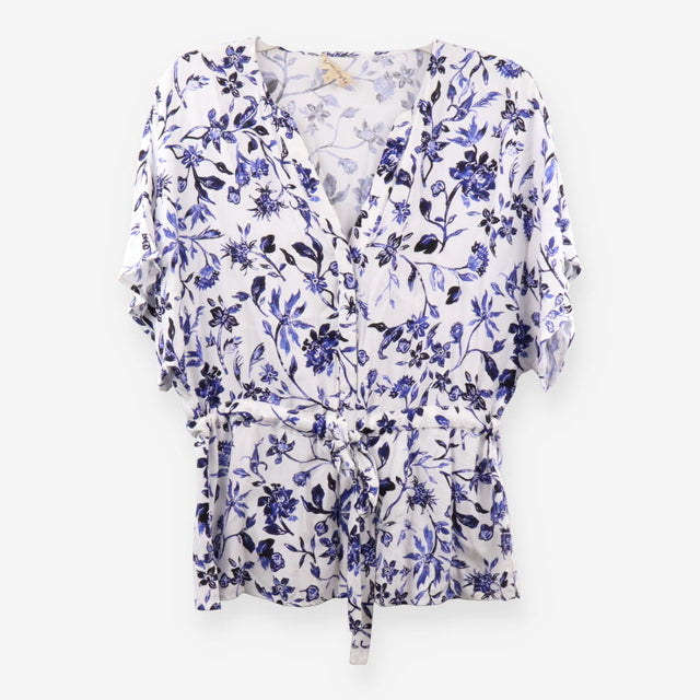 Long Sleeve Button‑Up Blouse, White & Blue Print