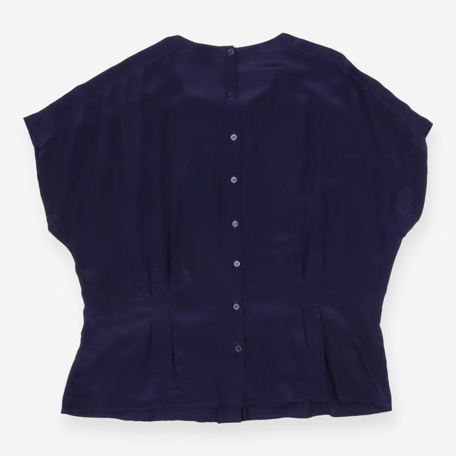 Top Navy Blue 100% Silk Pleated Short Sleeve Crew