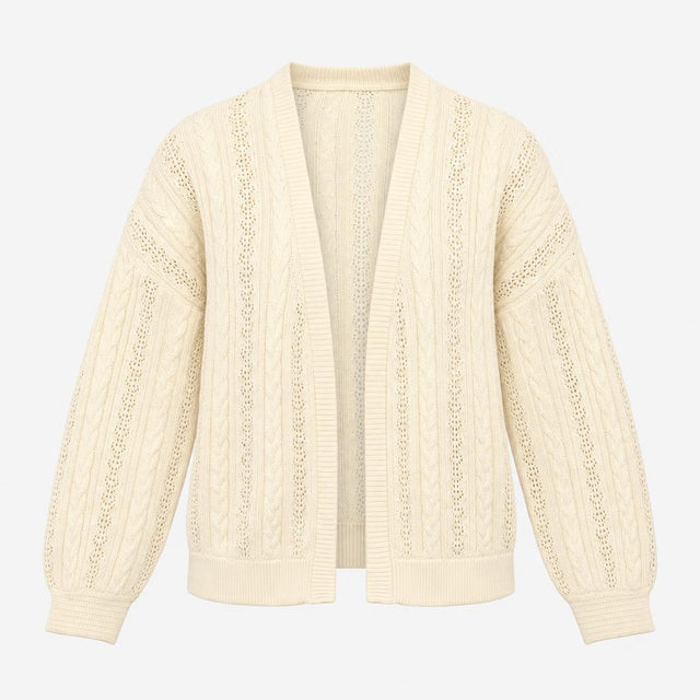 Cardigan Open Front Cable Knit Pointelle Cream