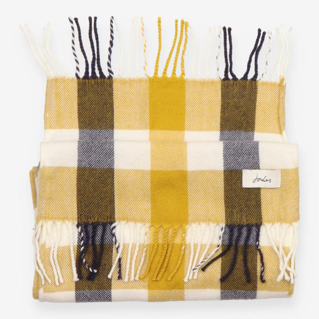 Scarf Navy Cream Mustard Check Plaid Fringed