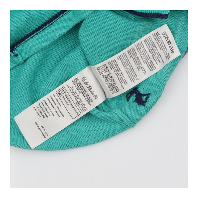 Green knit cardigan 'hooray' on back