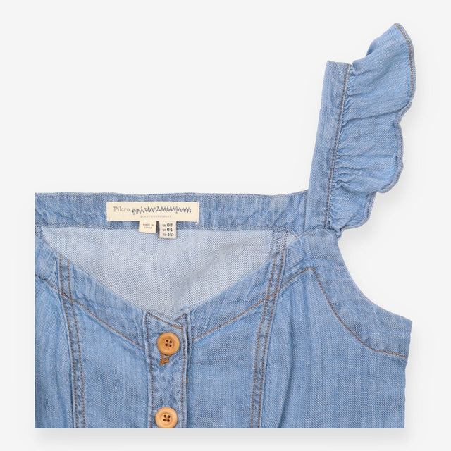 Denim Midi Dress with Tie Straps and Button Front