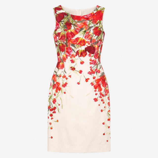 Ivory Red Tulip Floral Sleeveless Cotton Stretch P
