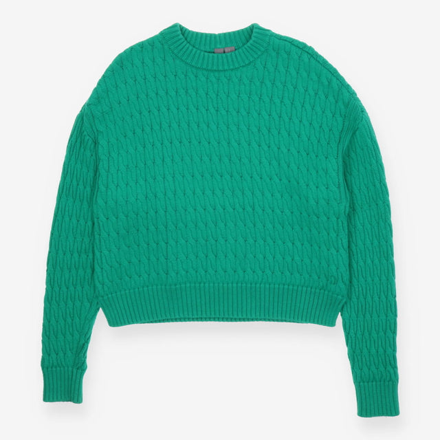 Cable Crew Sweater Green with Ribbed Collar