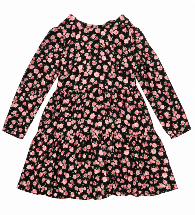 Black & Pink Rose Print Viscose Dress