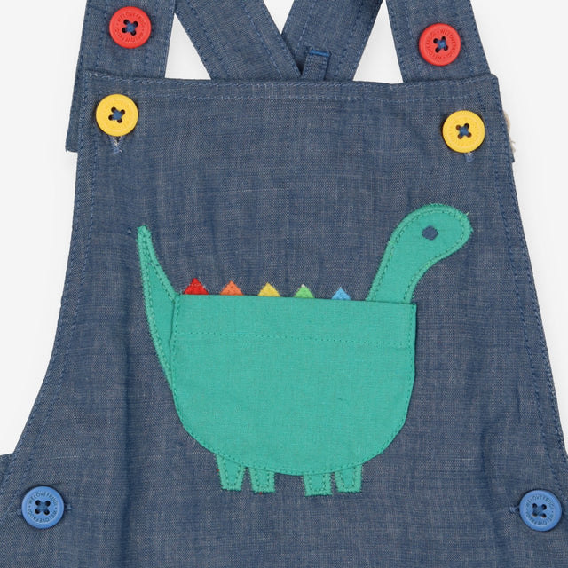 Blue Dinosaur Dungarees Colourful Buttons