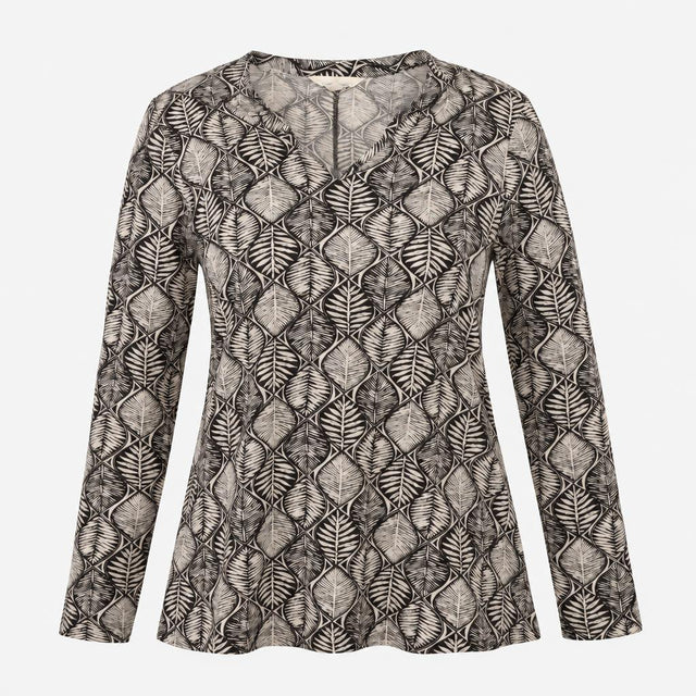 Black Cream Leaf Print Notch Neck Long Sleeve Tuni