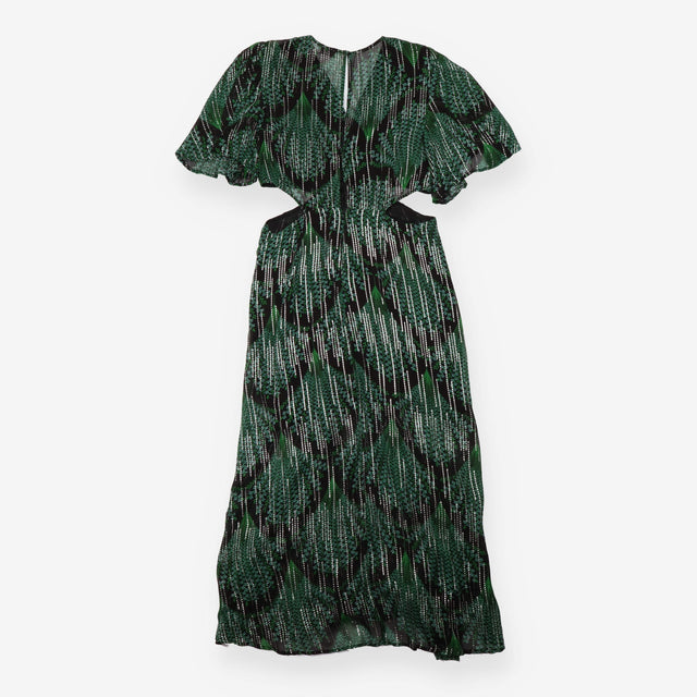 Midi Dress Black Green Peacock Print Draped Waist